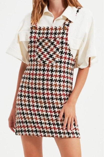 Women Fashion Stylish Mini Length Square Neck Fitted Plaid Checked Vest Woven Dress