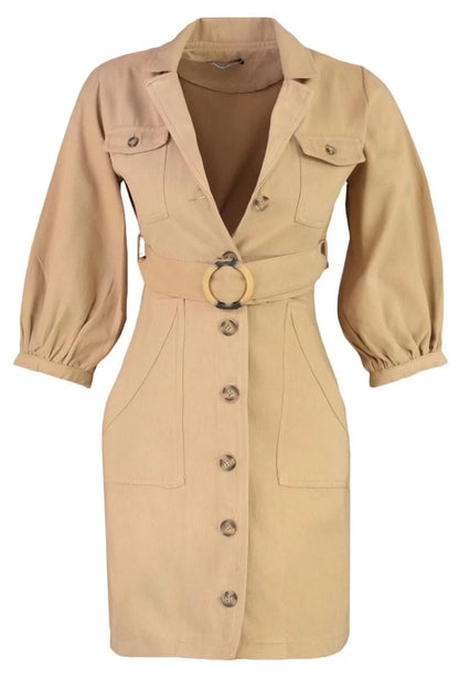 Women Fashion Stylish Mini Length Jacket Collar Regular Plain Belted Jacket Button Detailed Woven Dress