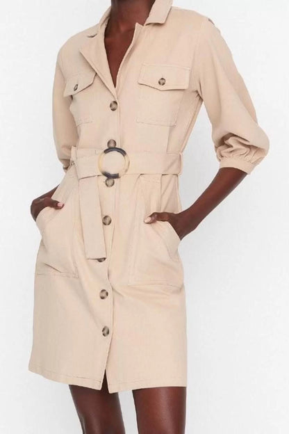 Women Fashion Stylish Mini Length Jacket Collar Regular Plain Belted Jacket Button Detailed Woven Dress