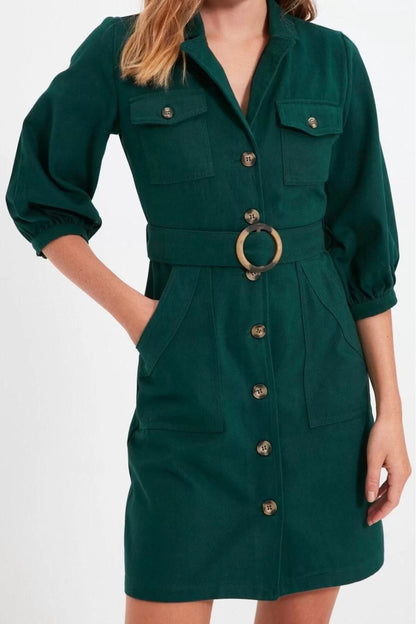 Women Fashion Stylish Mini Length Jacket Collar Regular Plain Belted Jacket Button Detailed Woven Dress