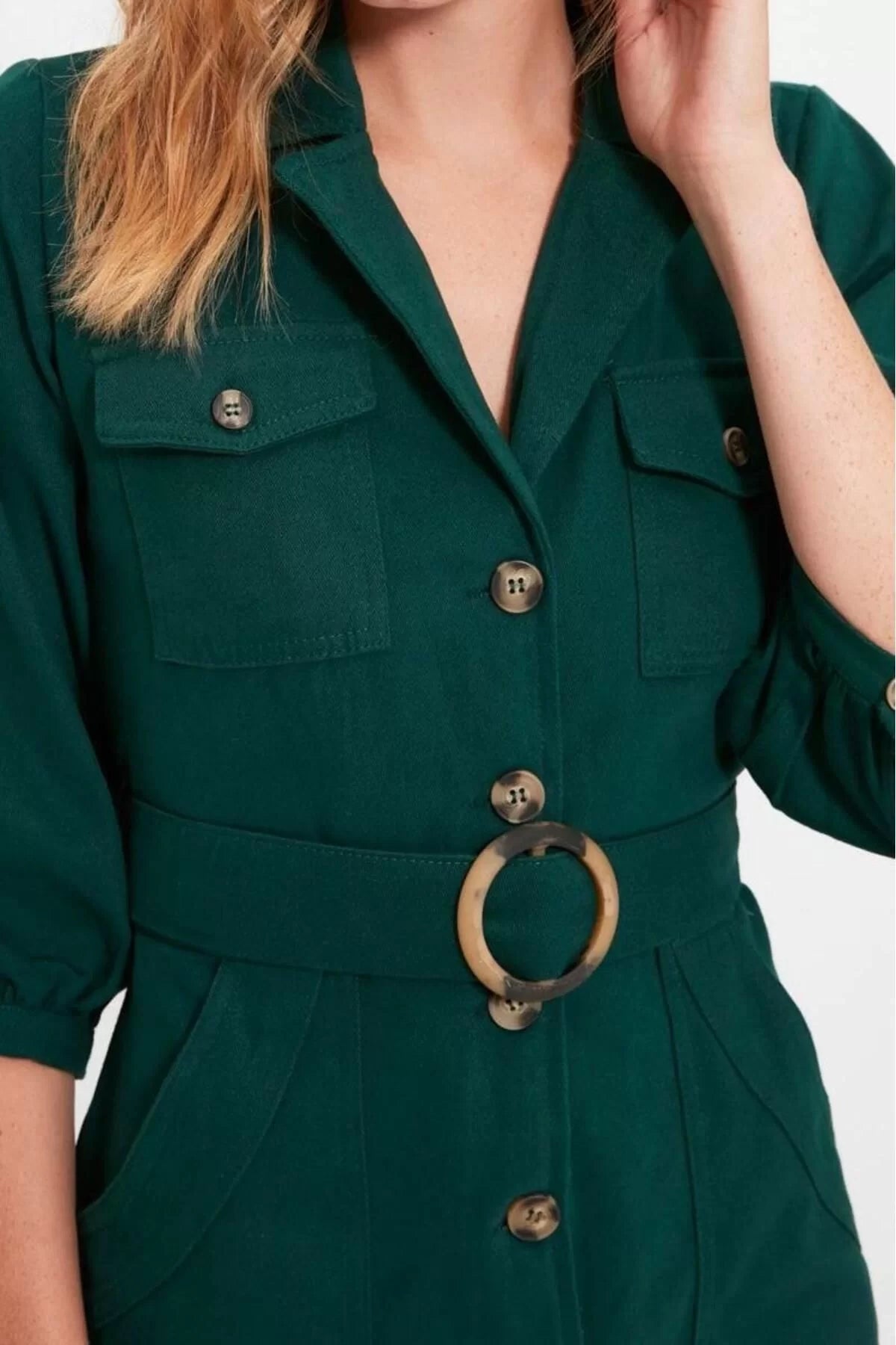 Women Fashion Stylish Mini Length Jacket Collar Regular Plain Belted Jacket Button Detailed Woven Dress