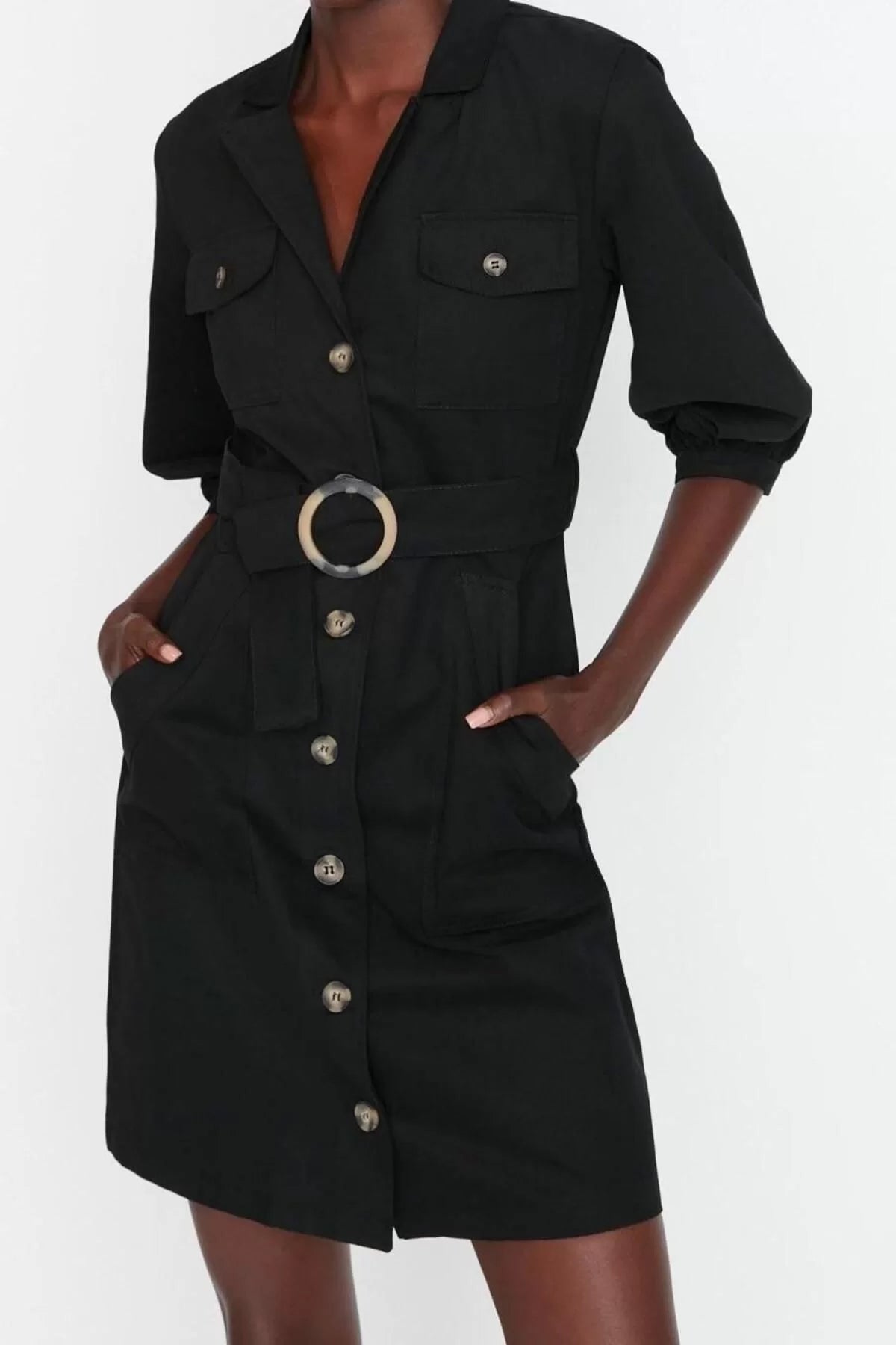 Women Fashion Stylish Mini Length Jacket Collar Regular Plain Belted Jacket Button Detailed Woven Dress