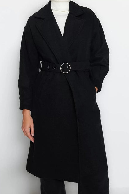 Women Fashion Stylish Regular Jacket Collar Long Plain Lined Buckle Detailed Belted Regular Coat