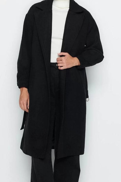 Women Fashion Stylish Regular Jacket Collar Long Plain Lined Buckle Detailed Belted Regular Coat