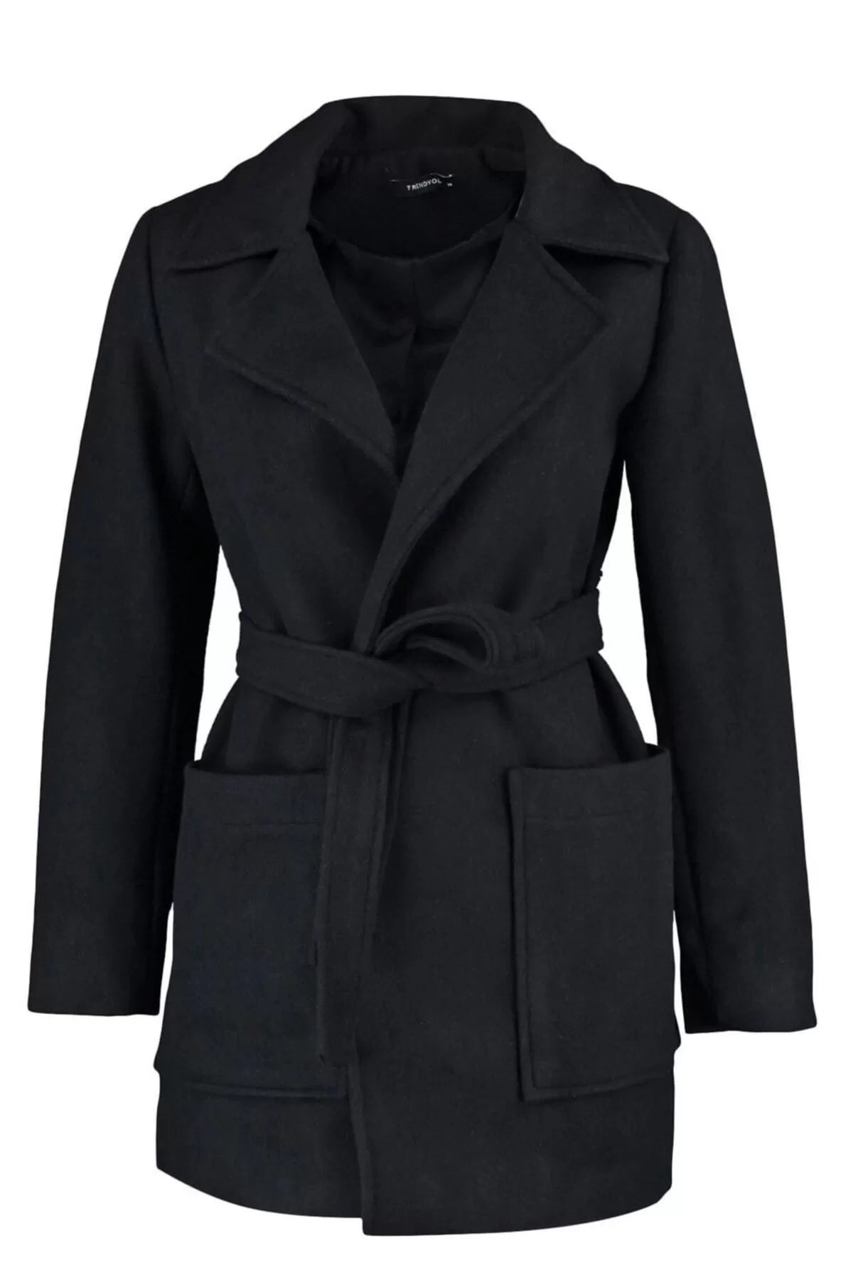 Women Fashion Stylish Fitted Jacket Collar Midi Plain Lined Fitted Belted Wool Cashmere Coat