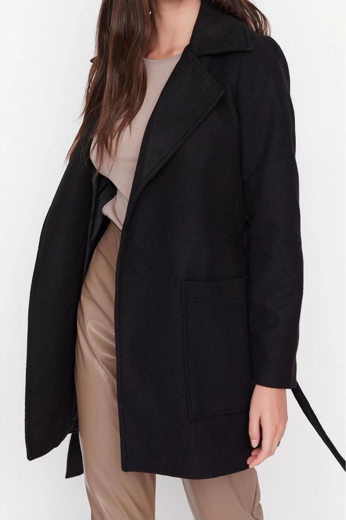 Women Fashion Stylish Fitted Jacket Collar Midi Plain Lined Fitted Belted Wool Cashmere Coat