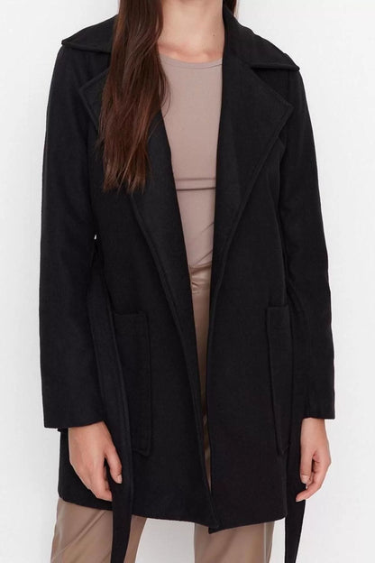 Women Fashion Stylish Fitted Jacket Collar Midi Plain Lined Fitted Belted Wool Cashmere Coat