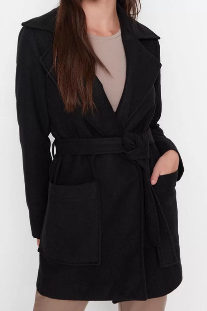 Women Fashion Stylish Fitted Jacket Collar Midi Plain Lined Fitted Belted Wool Cashmere Coat