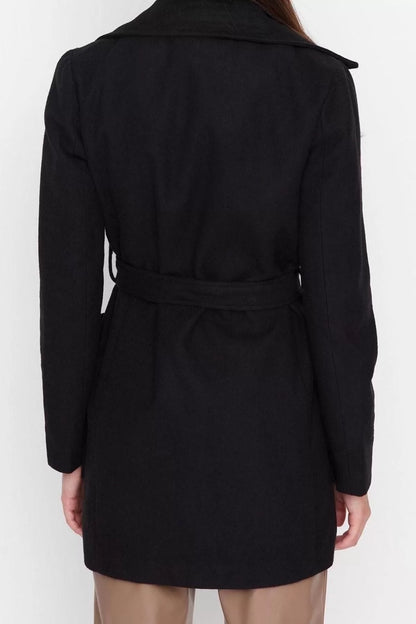 Women Fashion Stylish Fitted Jacket Collar Midi Plain Lined Fitted Belted Wool Cashmere Coat