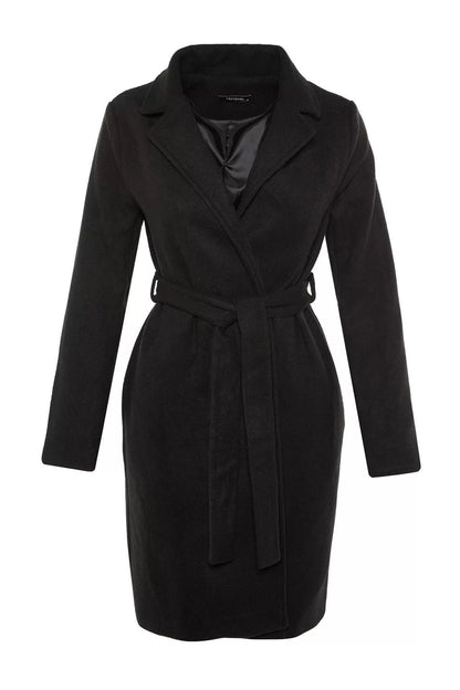 Women Fashion Stylish Regular Jacket Collar Long Plain Lined Belted Long Wool Cashmere Coat