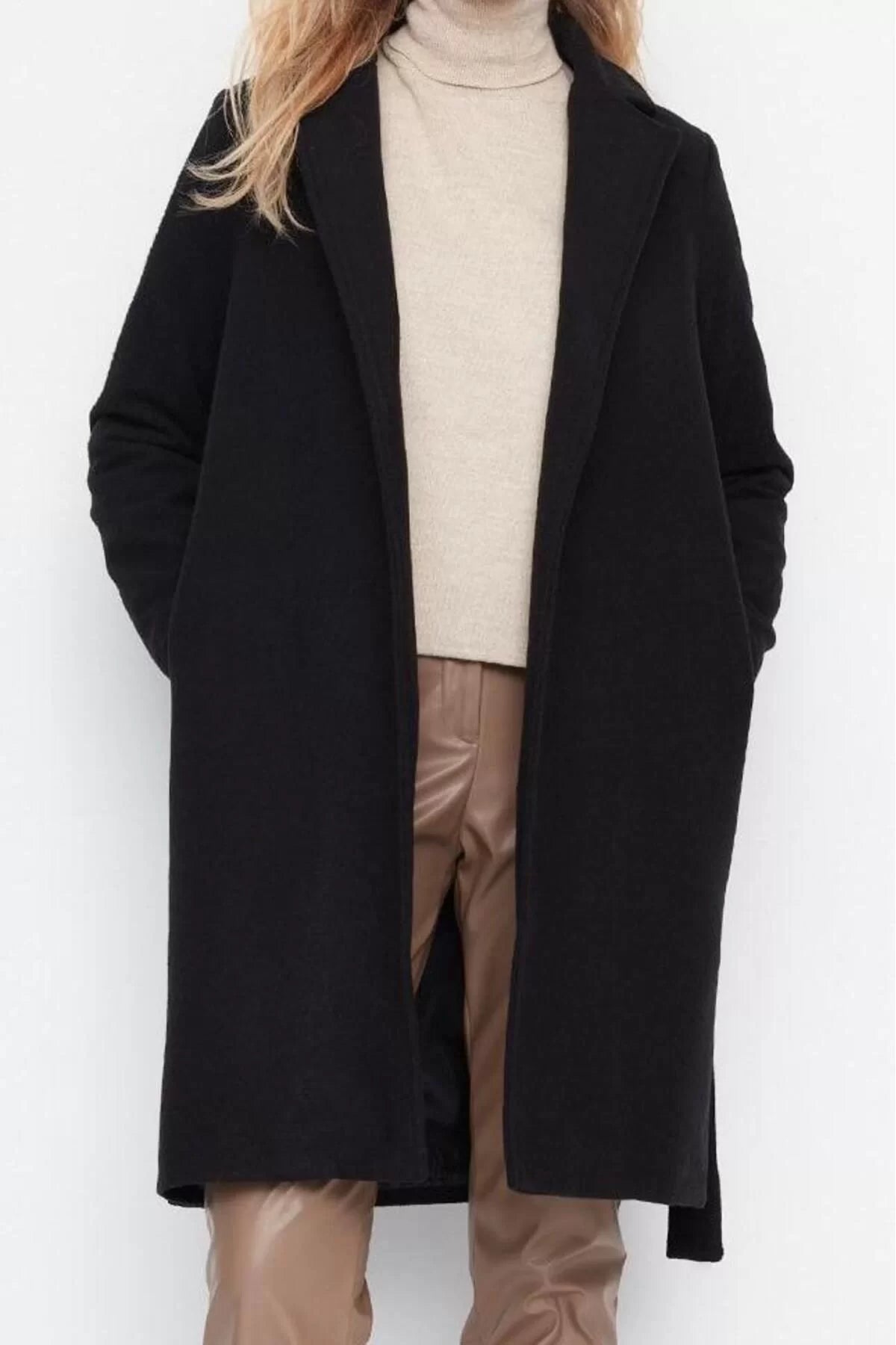 Women Fashion Stylish Regular Jacket Collar Long Plain Lined Belted Long Wool Cashmere Coat