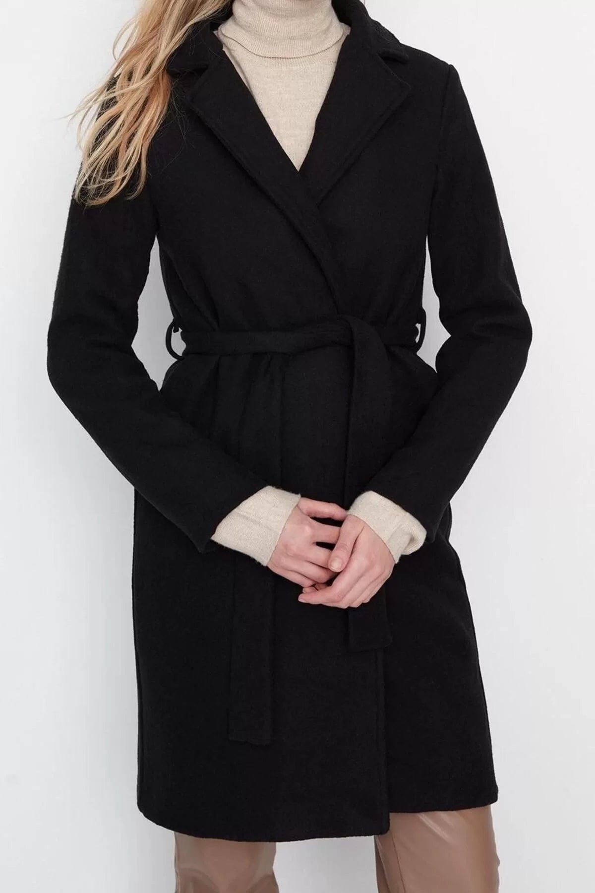 Women Fashion Stylish Regular Jacket Collar Long Plain Lined Belted Long Wool Cashmere Coat