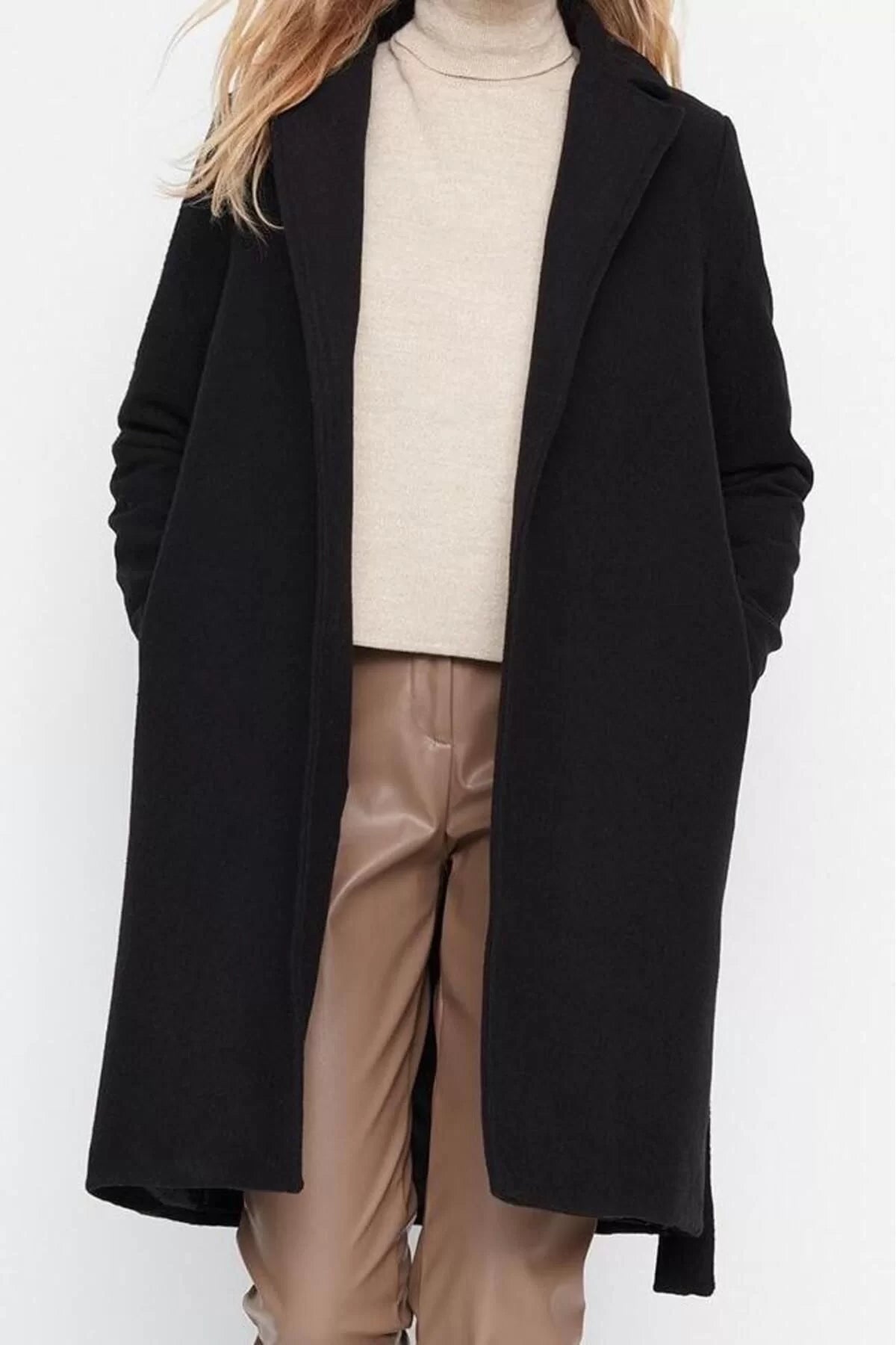 Women Fashion Stylish Regular Jacket Collar Long Plain Lined Belted Long Wool Cashmere Coat