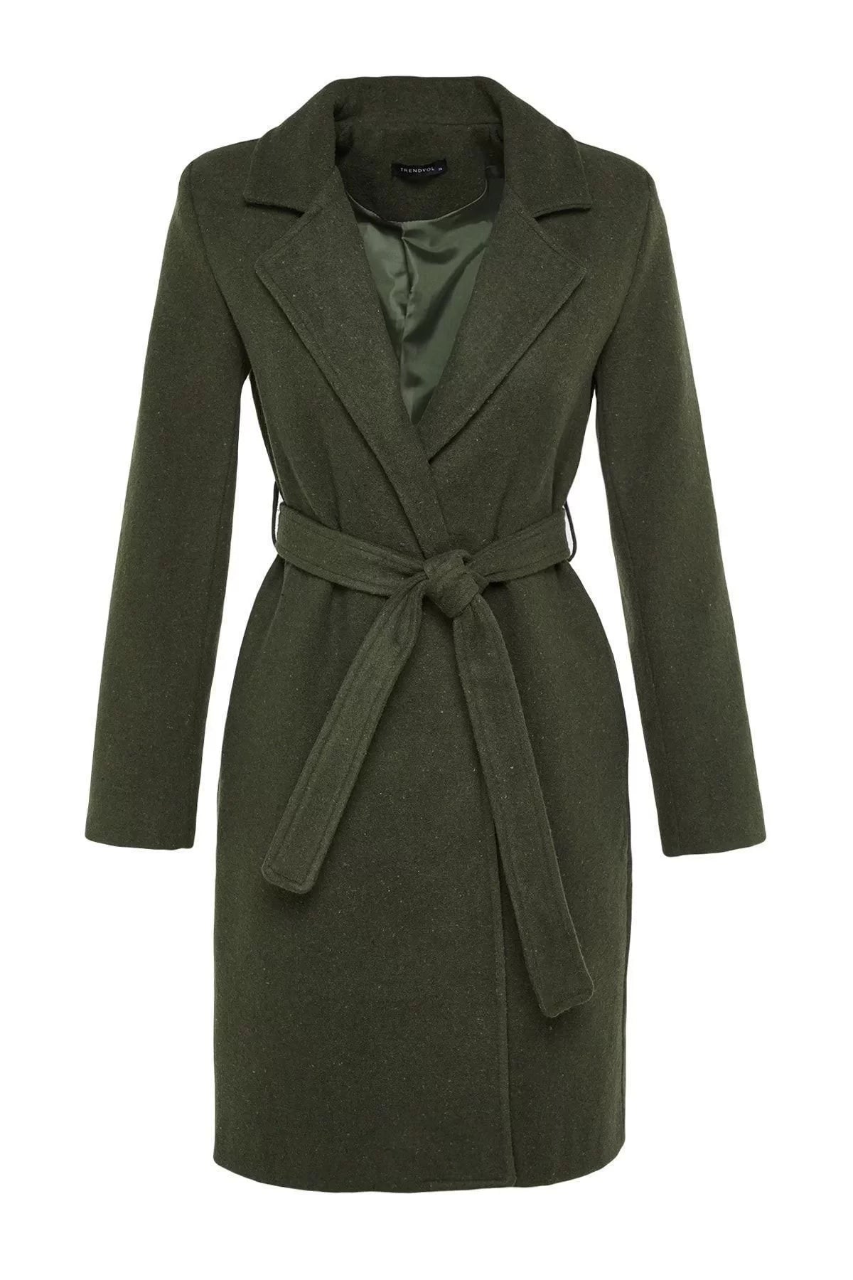 Women Fashion Stylish Regular Jacket Collar Long Plain Lined Belted Long Wool Cashmere Coat