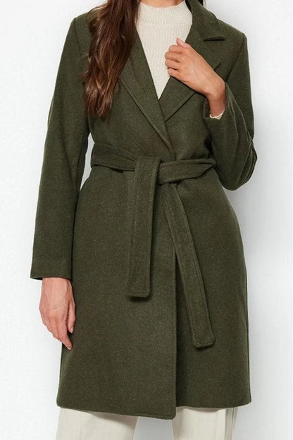 Women Fashion Stylish Regular Jacket Collar Long Plain Lined Belted Long Wool Cashmere Coat