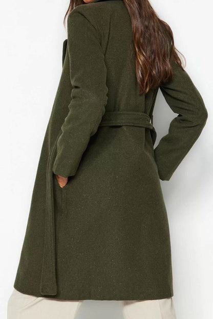 Women Fashion Stylish Regular Jacket Collar Long Plain Lined Belted Long Wool Cashmere Coat