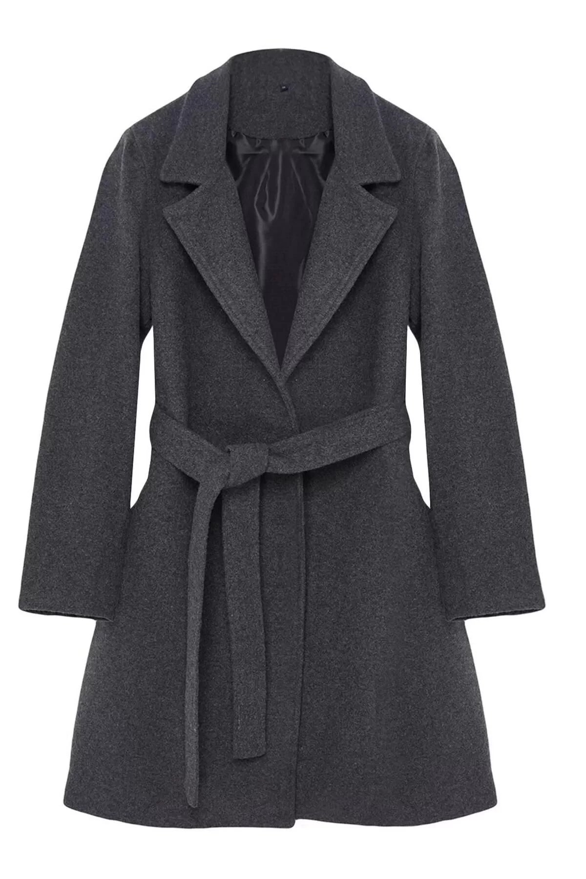 Women Fashion Stylish Regular Jacket Collar Long Plain Lined Belted Long Wool Cashmere Coat