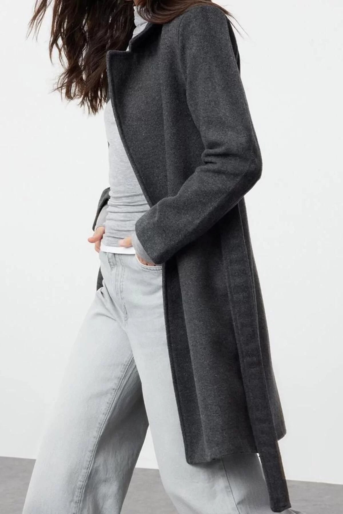 Women Fashion Stylish Regular Jacket Collar Long Plain Lined Belted Long Wool Cashmere Coat