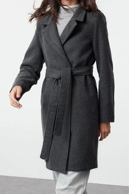 Women Fashion Stylish Regular Jacket Collar Long Plain Lined Belted Long Wool Cashmere Coat