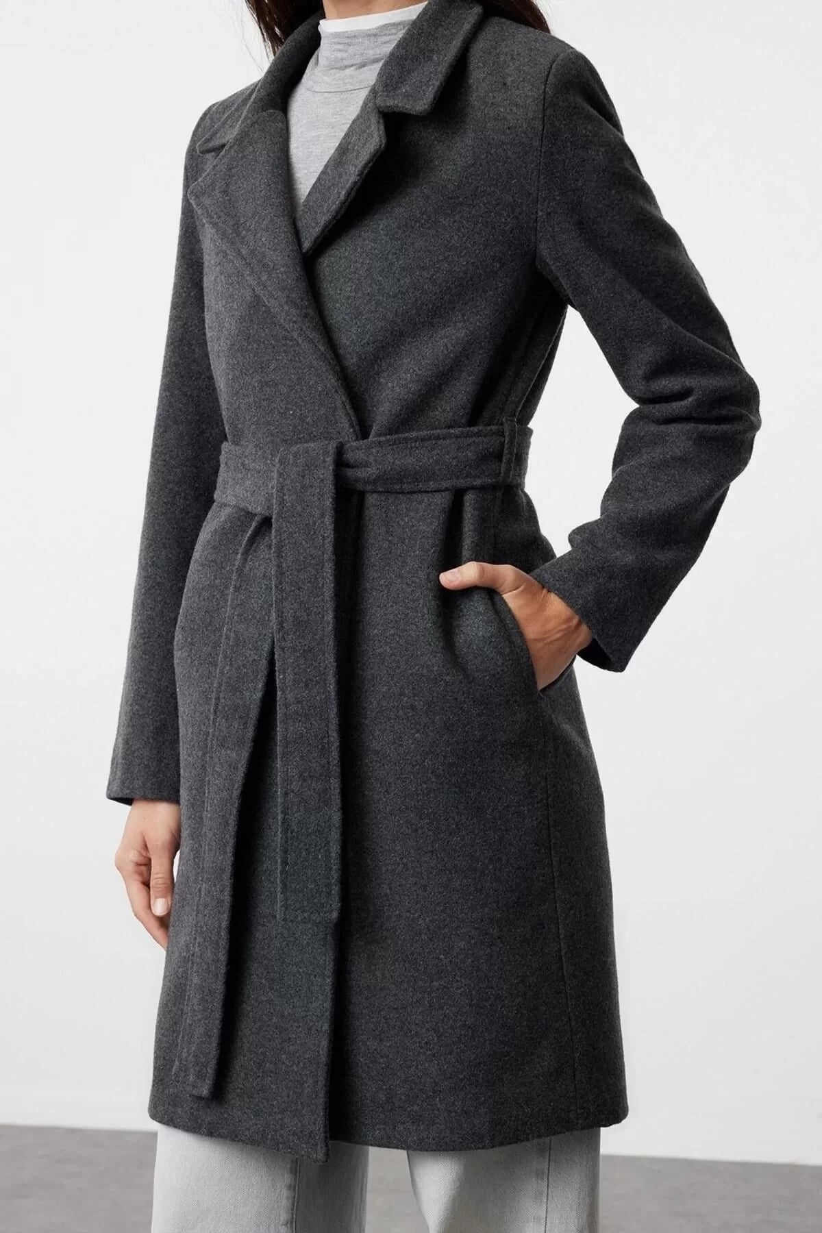 Women Fashion Stylish Regular Jacket Collar Long Plain Lined Belted Long Wool Cashmere Coat