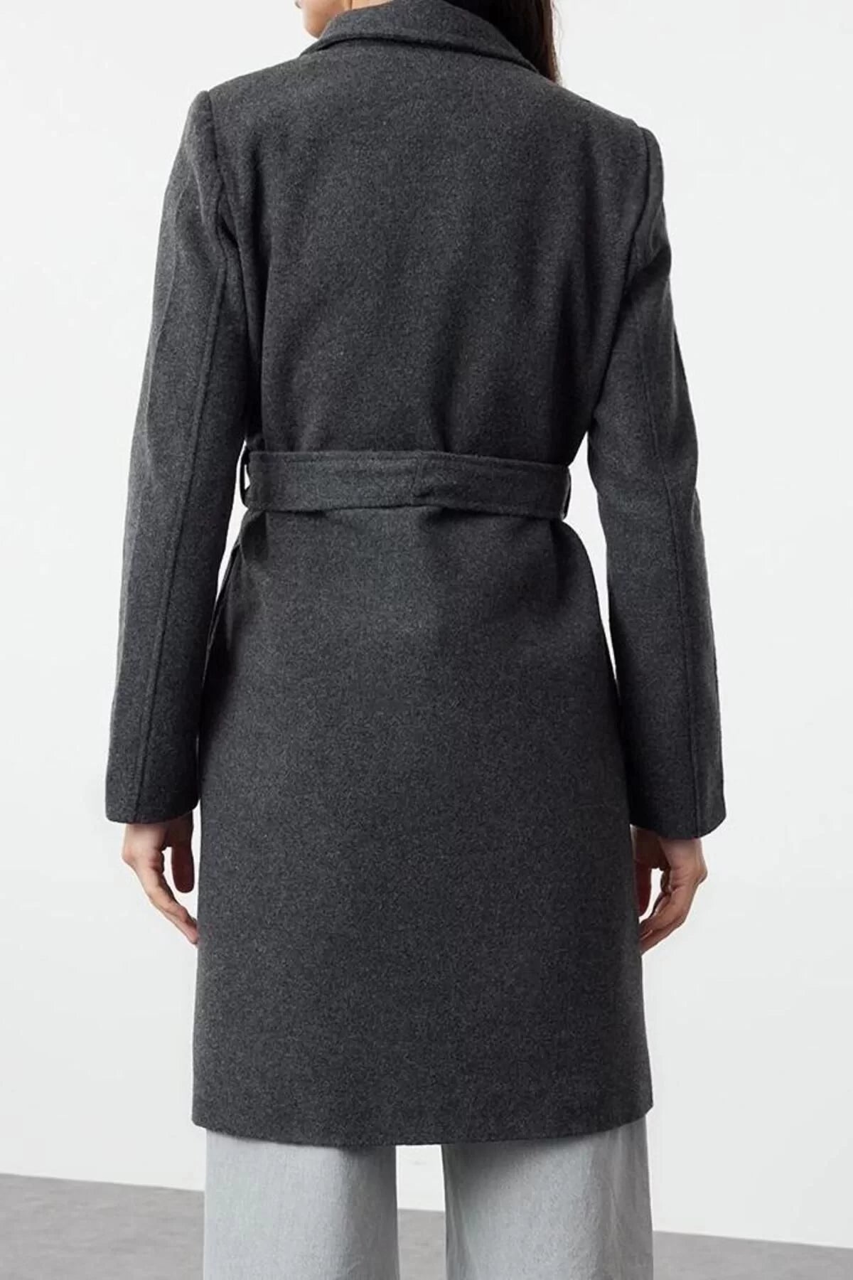 Women Fashion Stylish Regular Jacket Collar Long Plain Lined Belted Long Wool Cashmere Coat