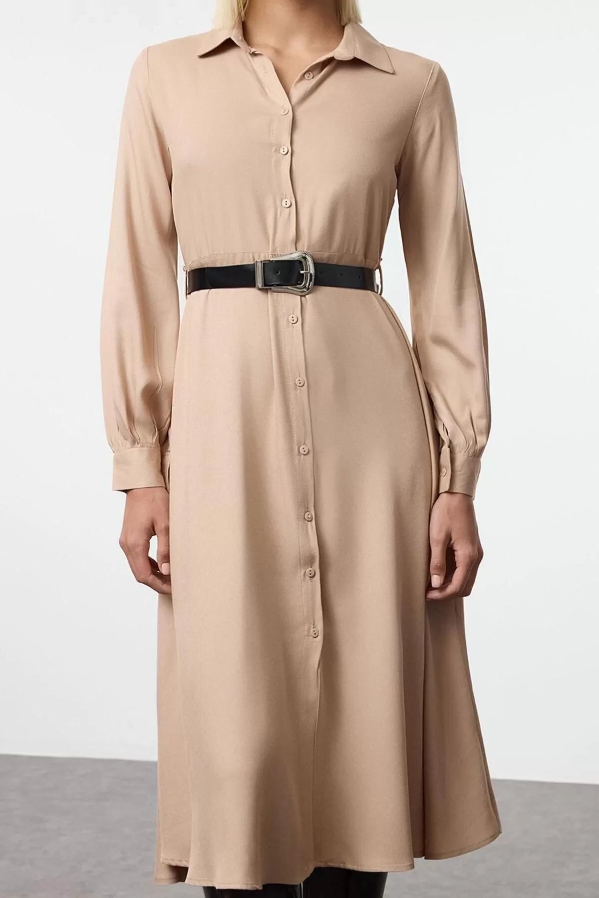 Women Fashion Stylish Midi Length Shirt Collar Regular Plain Belted Woven Shirt Dress Woven Dress