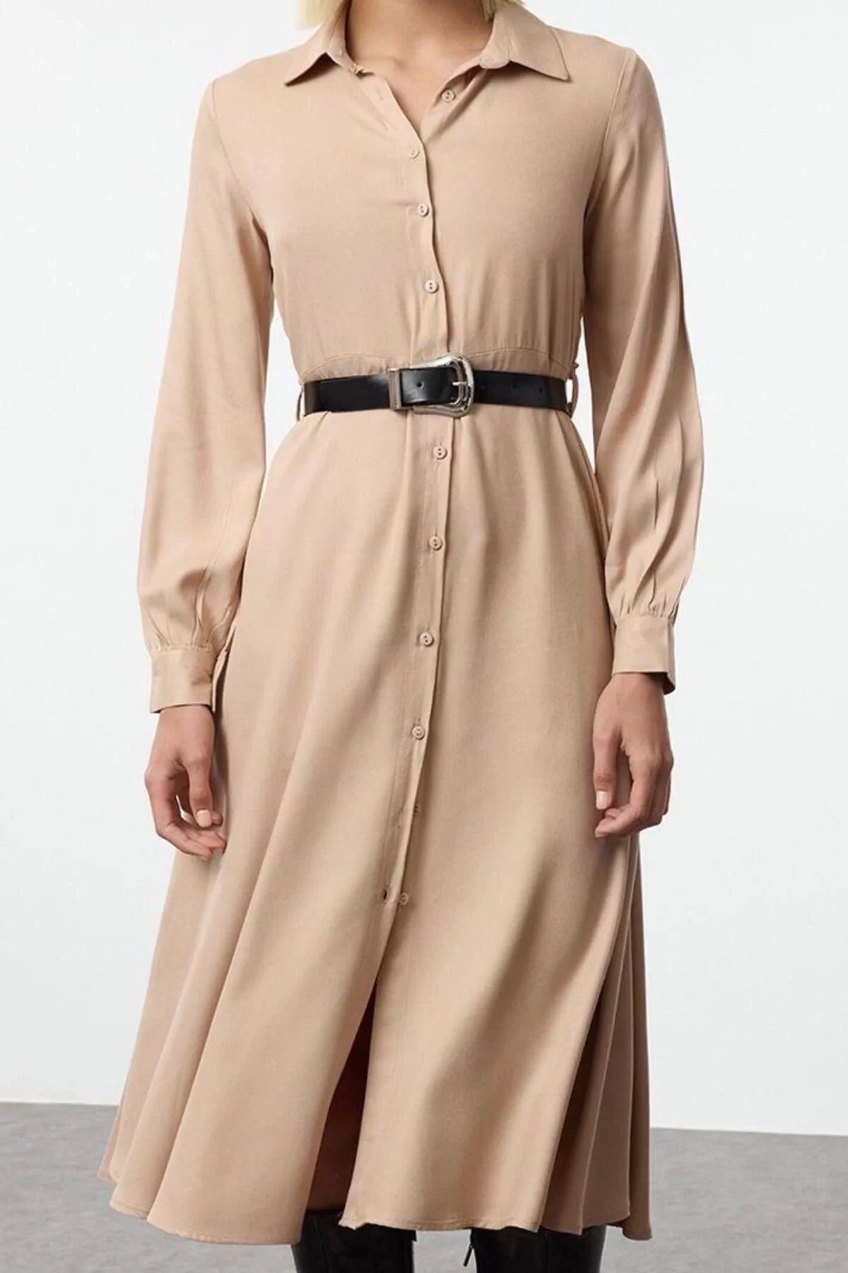 Women Fashion Stylish Midi Length Shirt Collar Regular Plain Belted Woven Shirt Dress Woven Dress