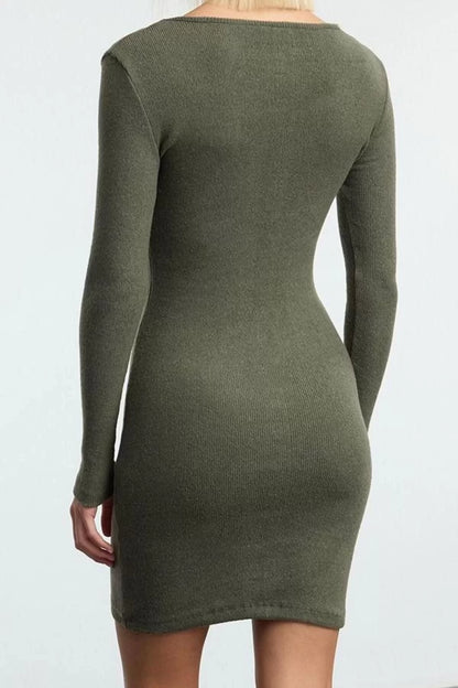 Women's Mini Length Pool Neck Slim Khaki Body-Styling Slit Ribbed Flexible Knitted Pencil Dress