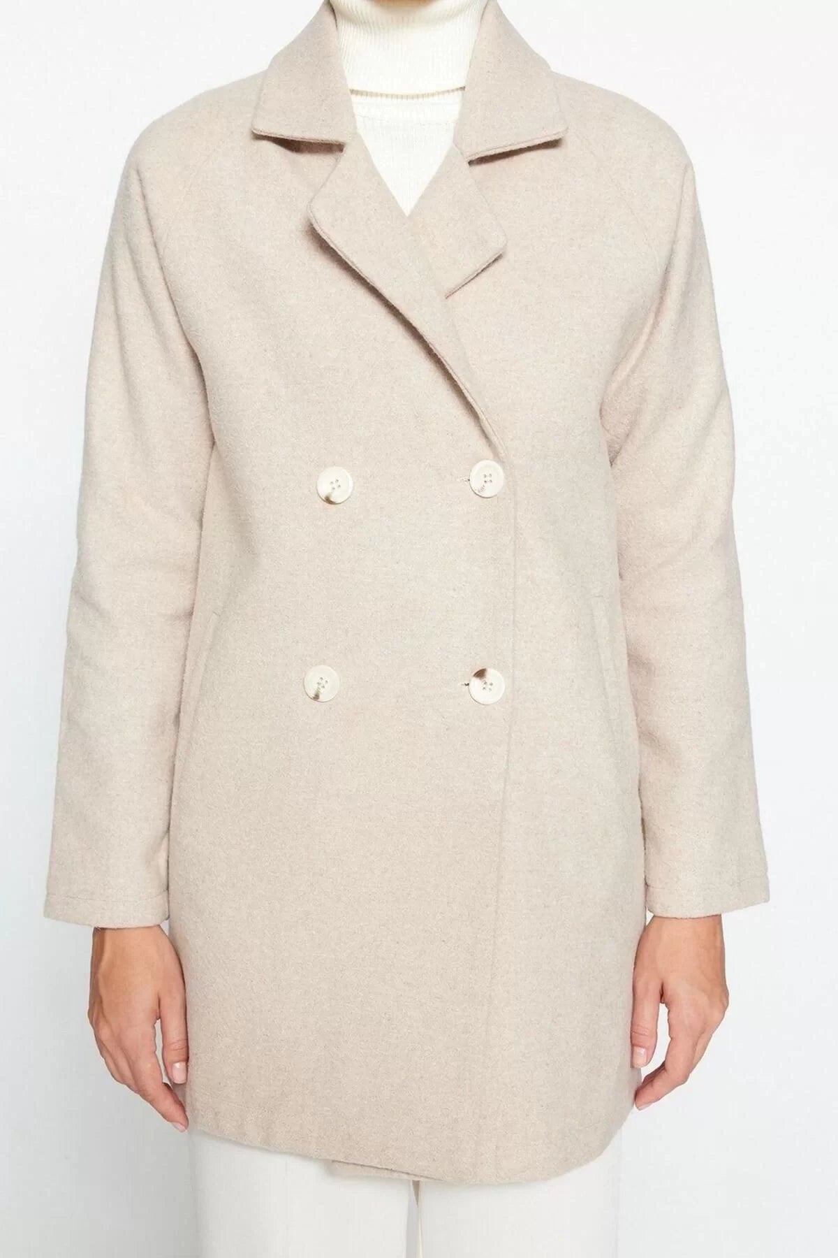 Women Fashion Stylish Regular Jacket Collar Midi Plain Lined Wool Cashmere Coat