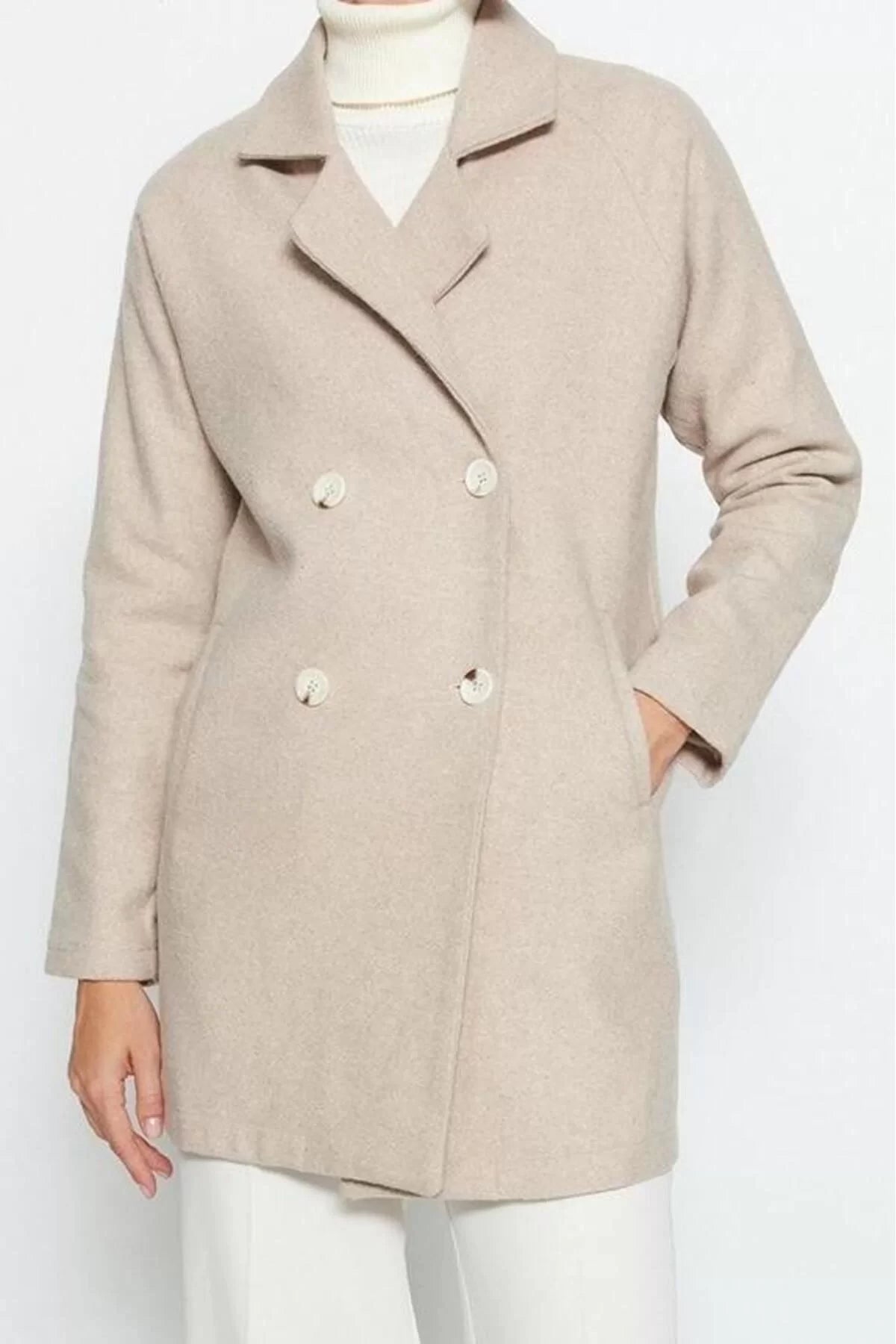 Women Fashion Stylish Regular Jacket Collar Midi Plain Lined Wool Cashmere Coat