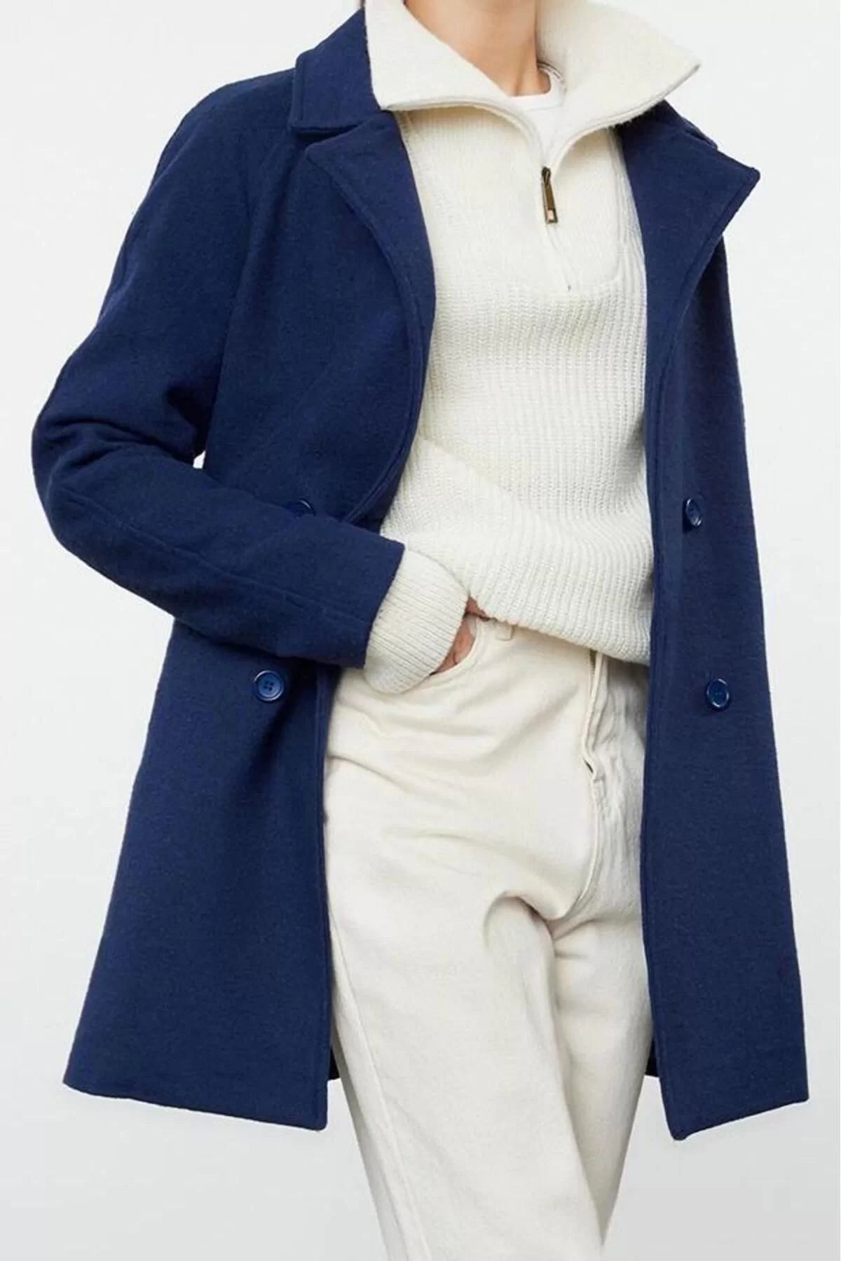 Women Fashion Stylish Regular Jacket Collar Midi Plain Lined Wool Cashmere Coat