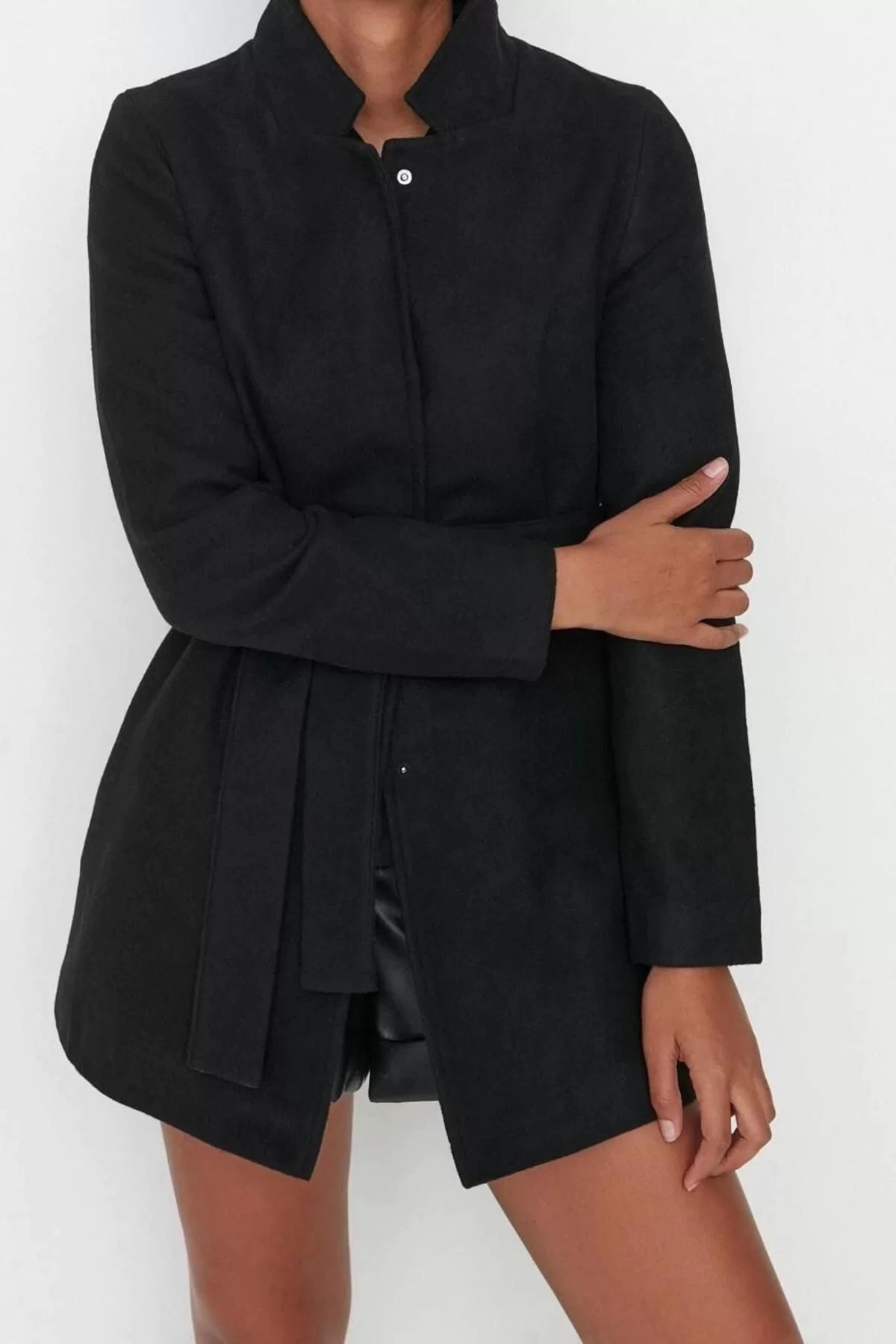 Women Fashion Stylish Regular Stand Collar Midi Plain Lined Belted Wool Short Cashmere Coat