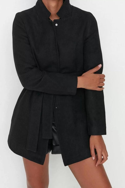 Women Fashion Stylish Regular Stand Collar Midi Plain Lined Belted Wool Short Cashmere Coat