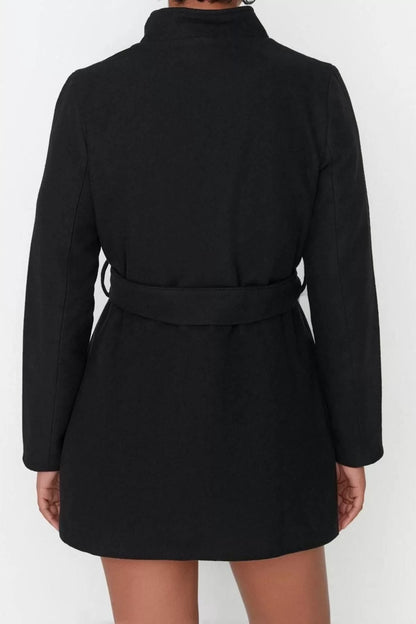 Women Fashion Stylish Regular Stand Collar Midi Plain Lined Belted Wool Short Cashmere Coat