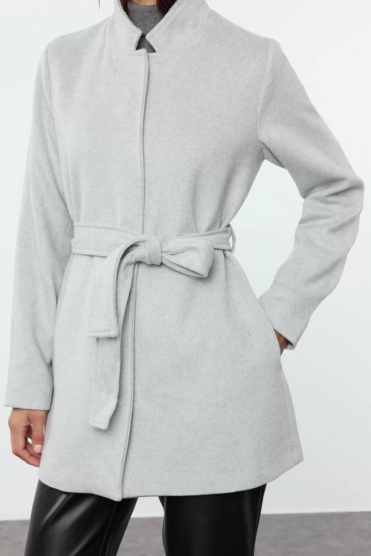 Women Fashion Stylish Regular Stand Collar Midi Plain Lined Belted Wool Short Cashmere Coat