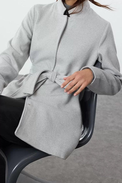 Women Fashion Stylish Regular Stand Collar Midi Plain Lined Belted Wool Short Cashmere Coat