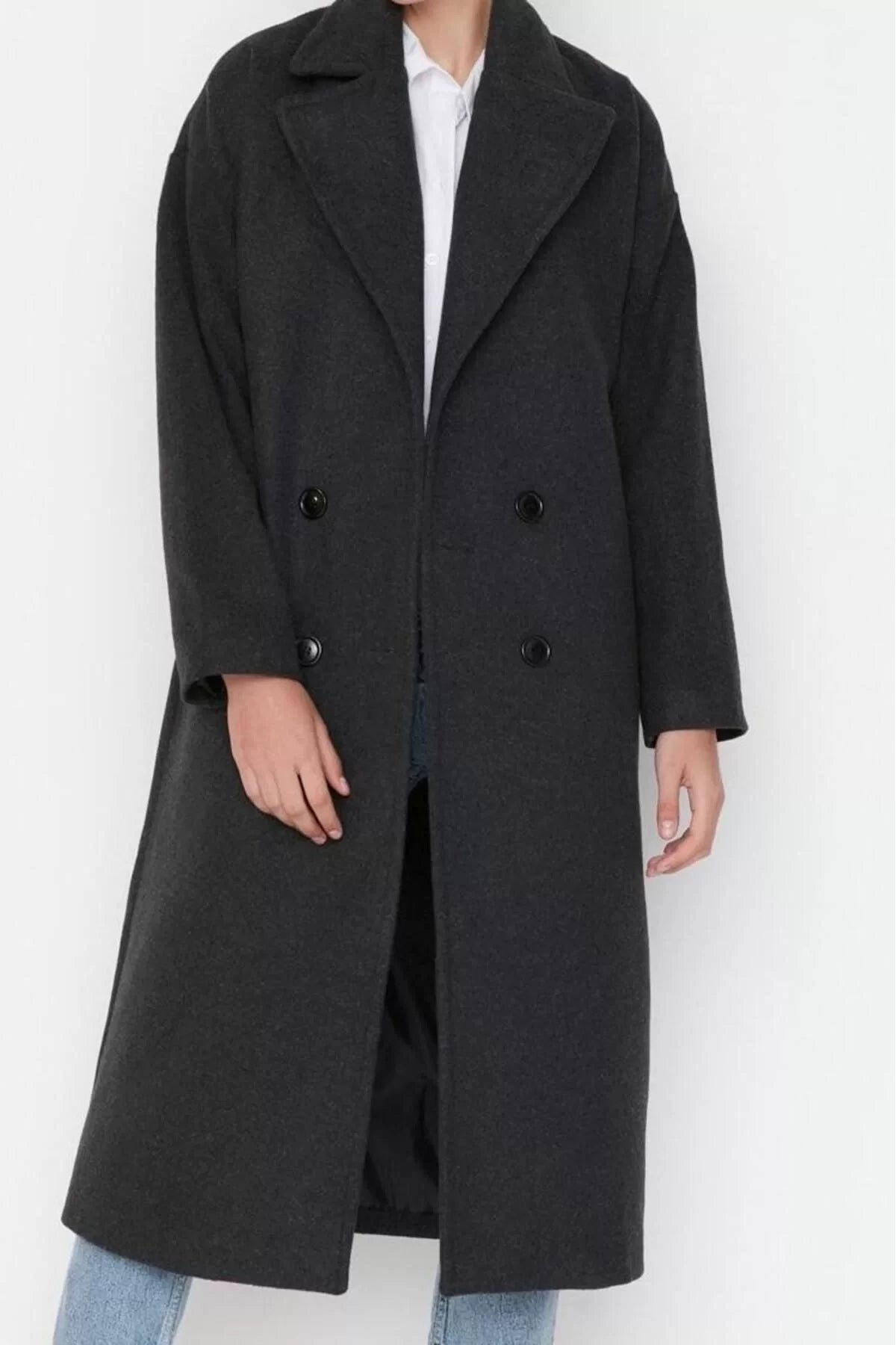 Women Fashion Stylish Oversize Jacket Collar Long Plain Lined Oversize Wide Cut Long Wool Cashmere Coat