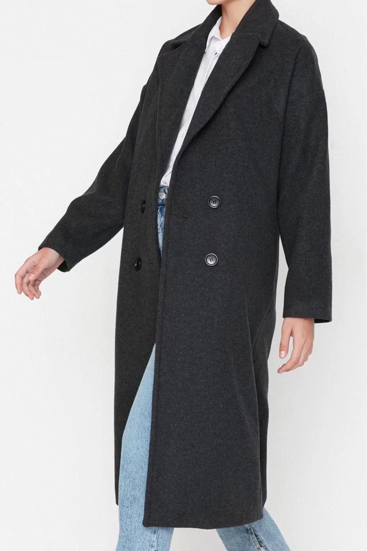 Women Fashion Stylish Oversize Jacket Collar Long Plain Lined Oversize Wide Cut Long Wool Cashmere Coat