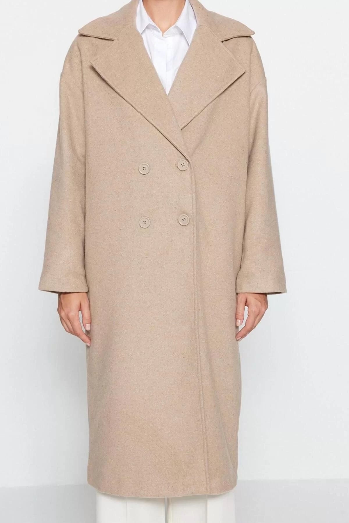 Women Fashion Stylish Oversize Jacket Collar Long Plain Lined Oversize Wide Cut Long Wool Cashmere Coat