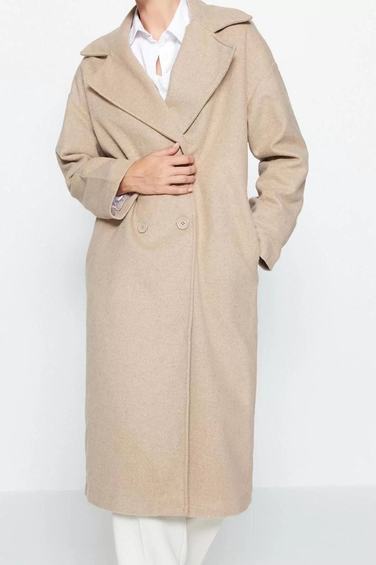 Women Fashion Stylish Oversize Jacket Collar Long Plain Lined Oversize Wide Cut Long Wool Cashmere Coat