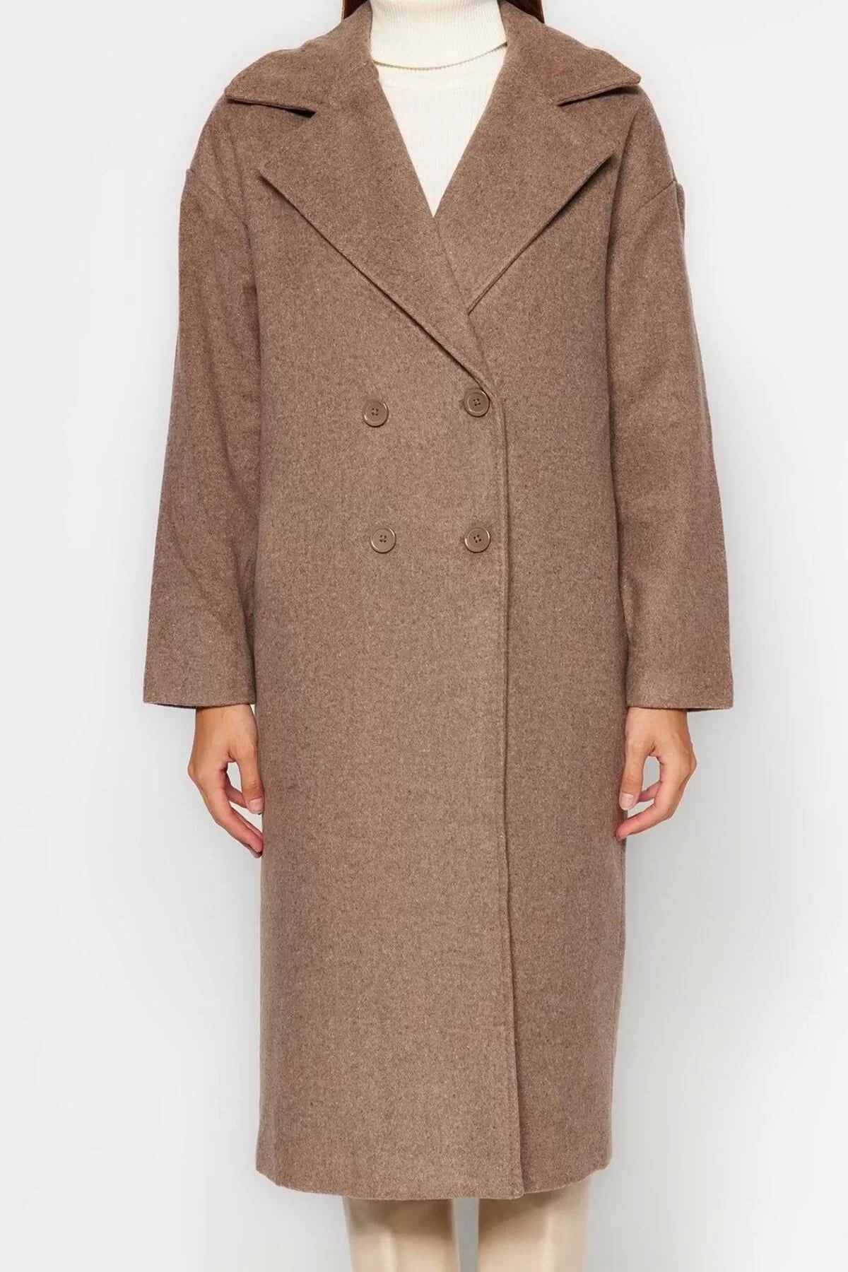 Women Fashion Stylish Oversize Jacket Collar Long Plain Lined Oversize Wide Cut Long Wool Cashmere Coat