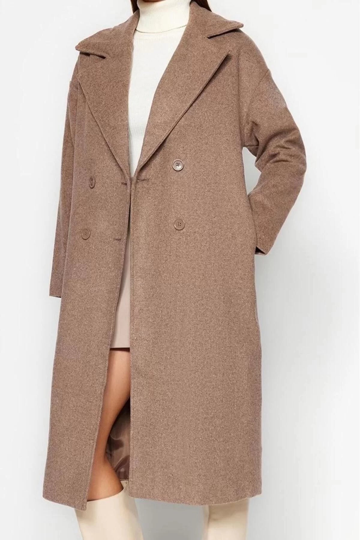 Women Fashion Stylish Oversize Jacket Collar Long Plain Lined Oversize Wide Cut Long Wool Cashmere Coat