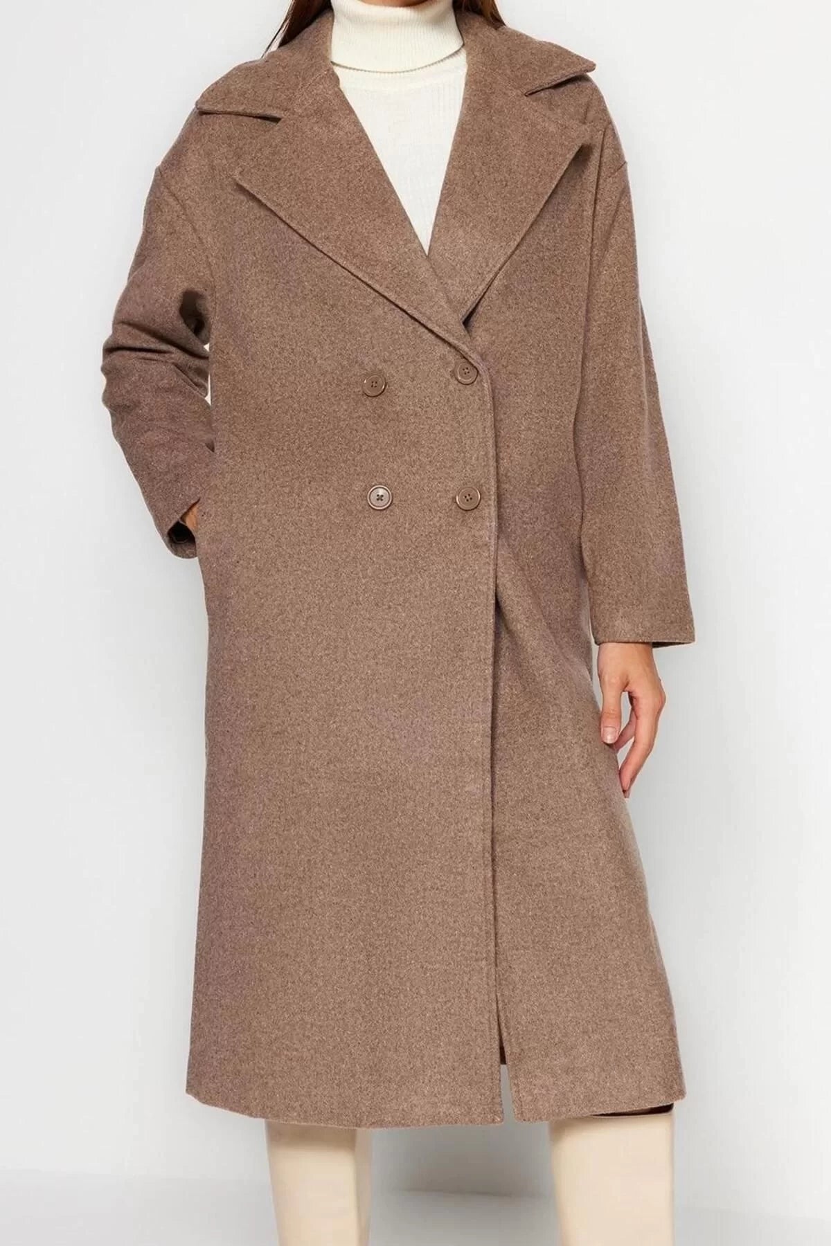 Women Fashion Stylish Oversize Jacket Collar Long Plain Lined Oversize Wide Cut Long Wool Cashmere Coat