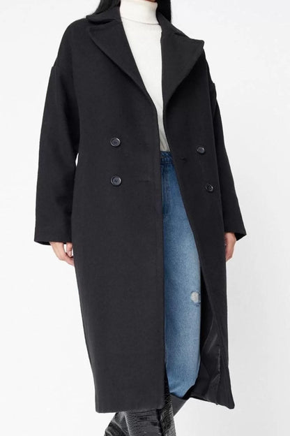 Women Fashion Stylish Oversize Jacket Collar Long Plain Lined Oversize Wide Cut Long Wool Cashmere Coat