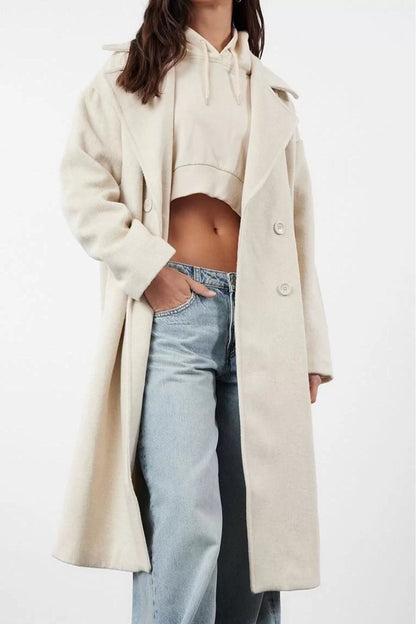 Women Fashion Stylish Oversize Jacket Collar Long Plain Lined Oversize Wide Cut Long Wool Cashmere Coat