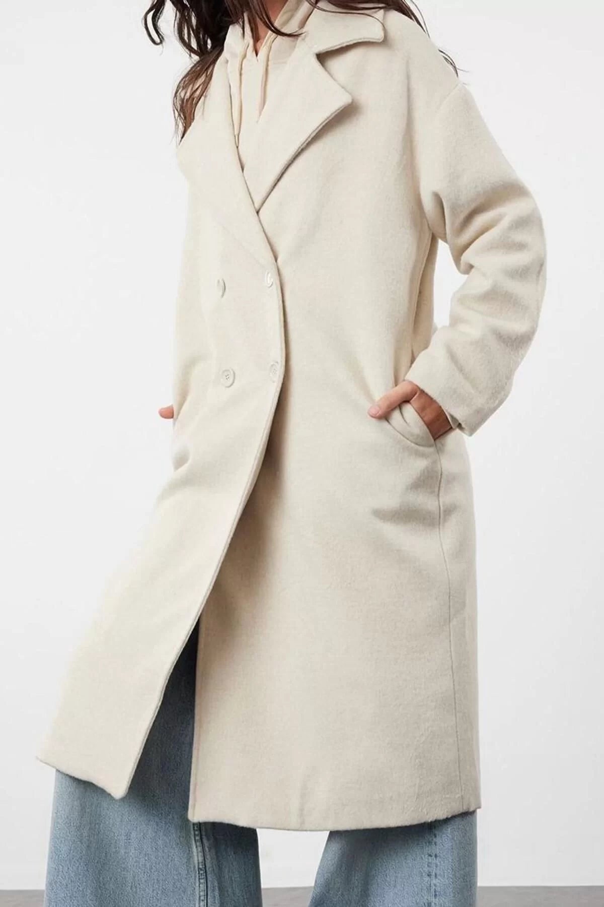 Women Fashion Stylish Oversize Jacket Collar Long Plain Lined Oversize Wide Cut Long Wool Cashmere Coat