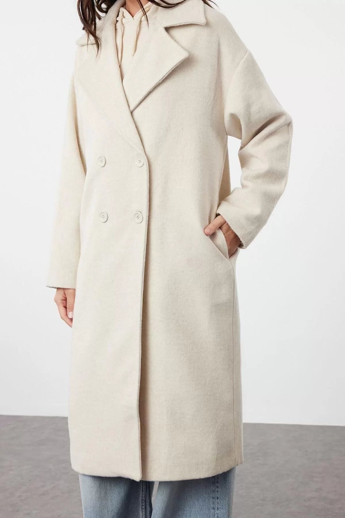 Women Fashion Stylish Oversize Jacket Collar Long Plain Lined Oversize Wide Cut Long Wool Cashmere Coat