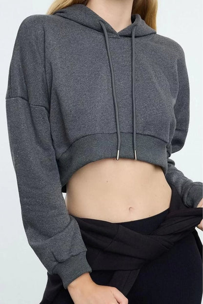 Women Fashion Stylish Regular Hooded Low Sleeve Crop Cotton Crop Fleece Inside Knitted Sports Sweatshirt