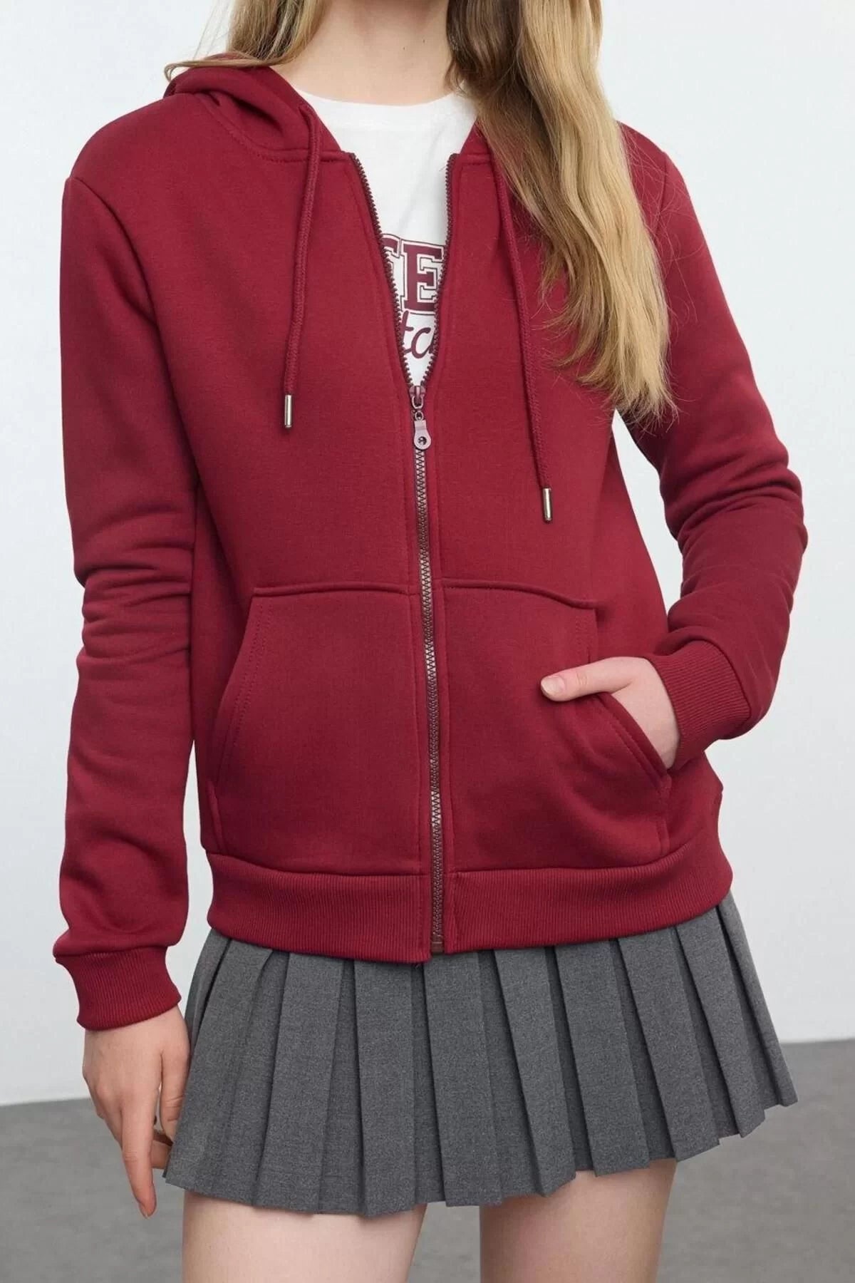 Women's Fashion Regular Hooded Standard Sleeve Regular Claret Red 001 Basic Thick Polar Fleece Knitted Sweatshirt