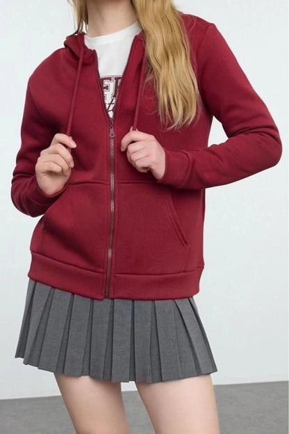 Women's Fashion Regular Hooded Standard Sleeve Regular Claret Red 001 Basic Thick Polar Fleece Knitted Sweatshirt